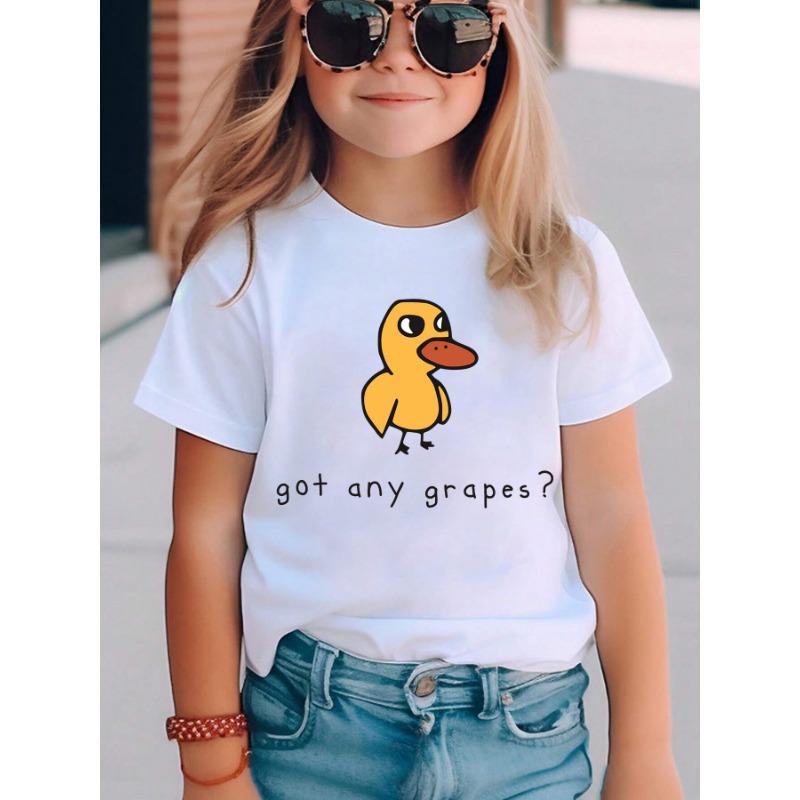 Trendy Frontline Bevat de Zomer Mode van 2026 Casual Veelzijdige Meisjes T-shirts met Ronde Hals en Korte Mouwen met Druivengele Eendenprint℃ 160
