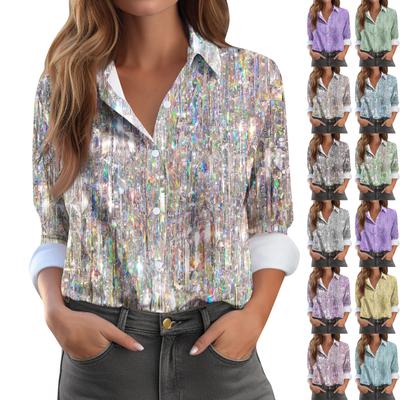 Camisa de mujer Blusa estampada Botones Manga larga Casual Camisa básica Cuello regular