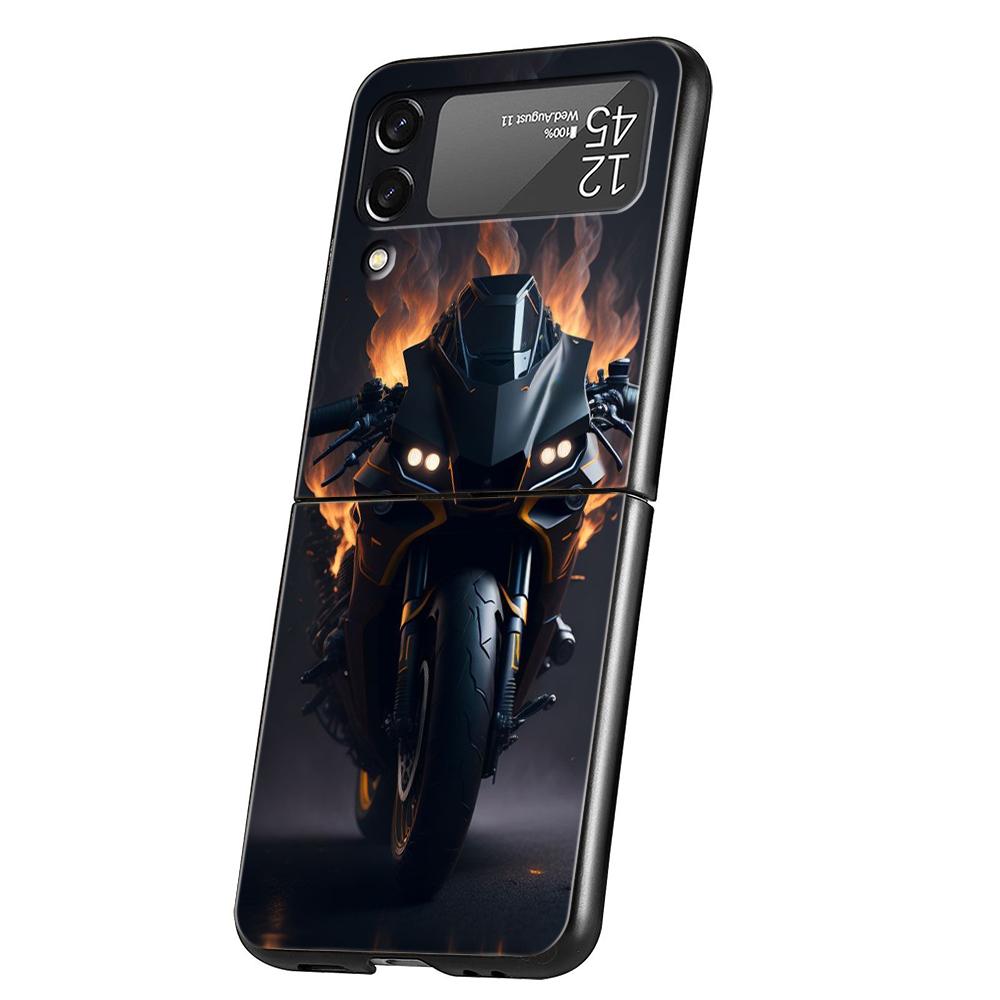 Motorcycle Hard PC Phone Case For Samsung Galaxy Z Flip 5 4 3 Black Cover For Galaxy Z Flip 6 Foldable Shockproof Cases Fundas