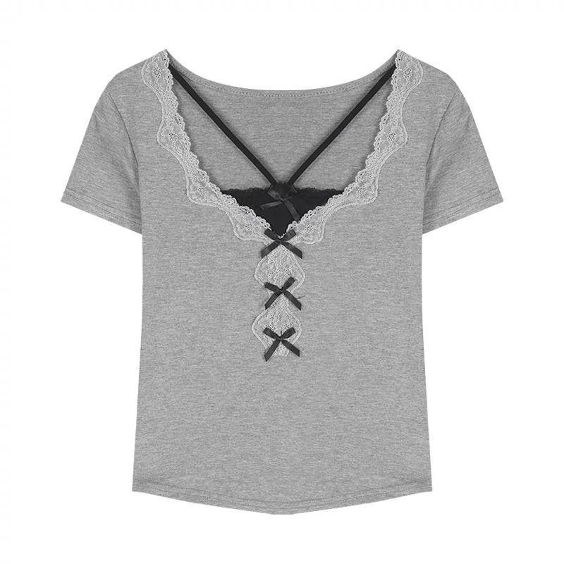 Sweet Spice Girl Fake Two Pieces Lace Neck Short Sleeve T-Shirt Women's Summer Pure Desire Square Neck Short Top Chic and Beautiful