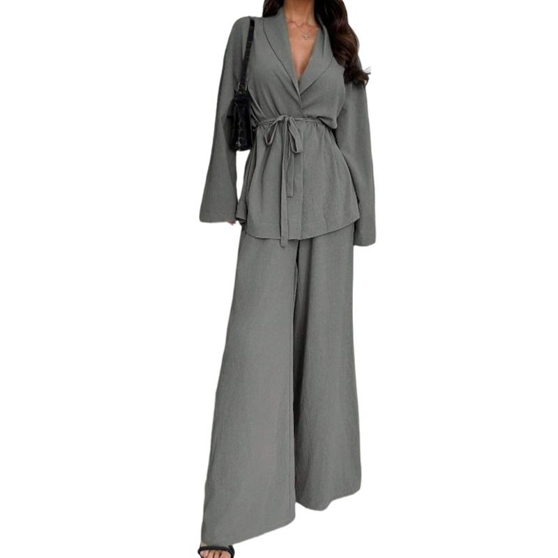 Women's V Neck Long Sleeve Top and Wide Leg Pants Two Piece Set Loose Casual Autumn Outfit