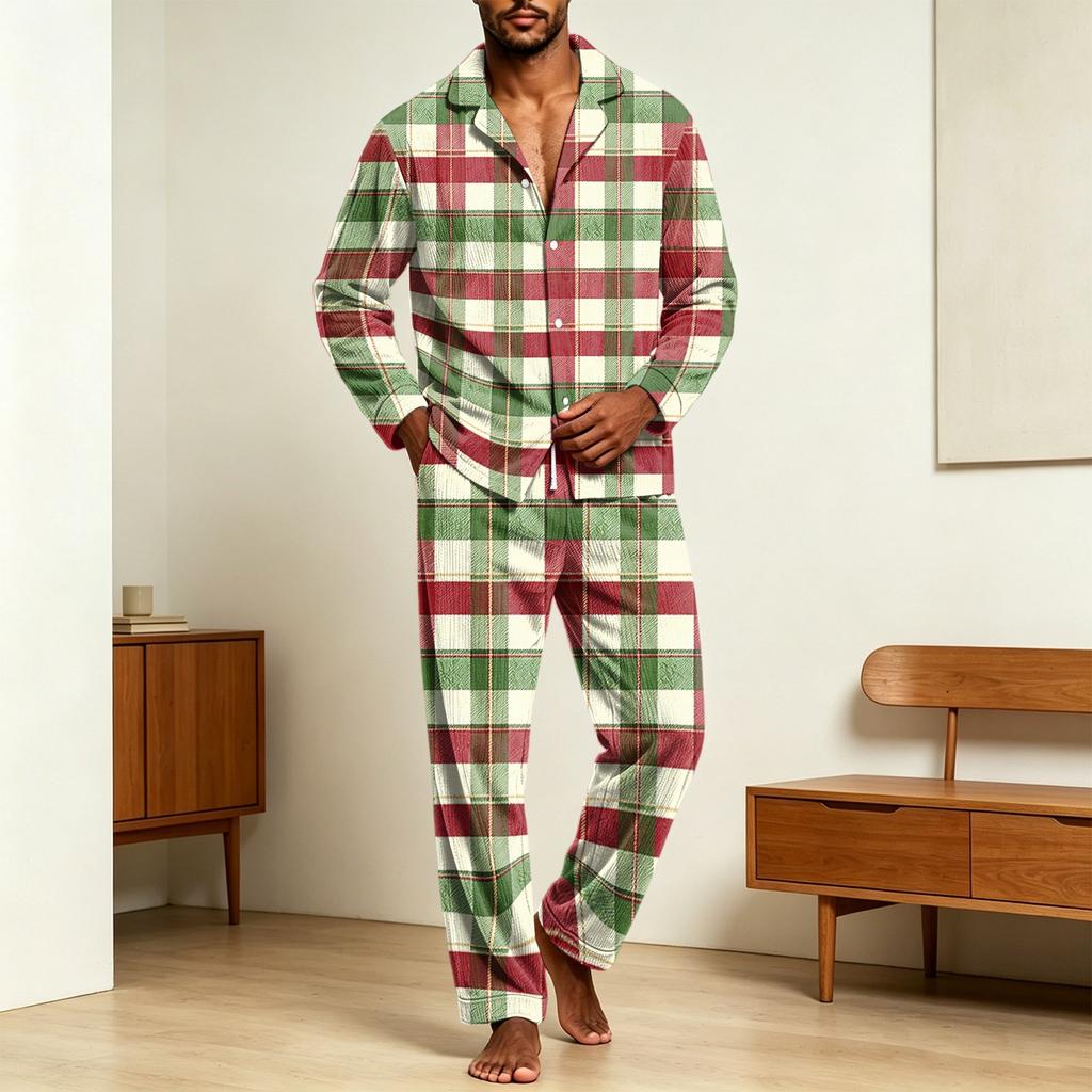 Men's Corduroy Pajama Set - Printed Button Collar Long Sleeve Loose Fit Casual Sleepwear