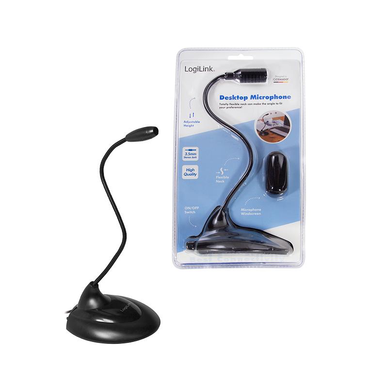 LogiLink Desktop Microphone with 3.5mm Jack, Flexible Neck, Stand, Adjustable, Compact Design