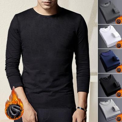 Autumn Winter Men Bottoming Top Slim Fit Thick Plush O Neck Pullover Stretchy Long Sleeves Pure Color Plus Size Mid Length Fitness Daily Wear Shirt
