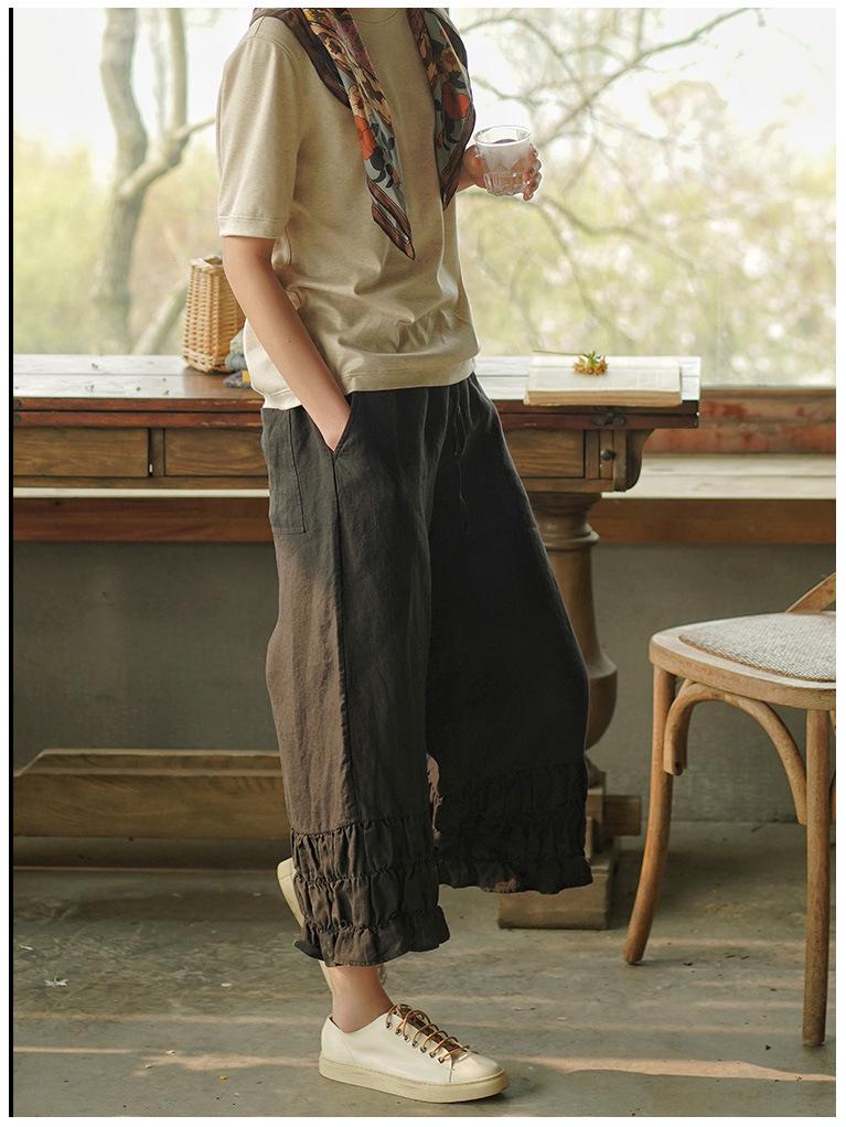 Retro Women s Black Linen Cropped Wide-Leg Pants - Commuter Style M