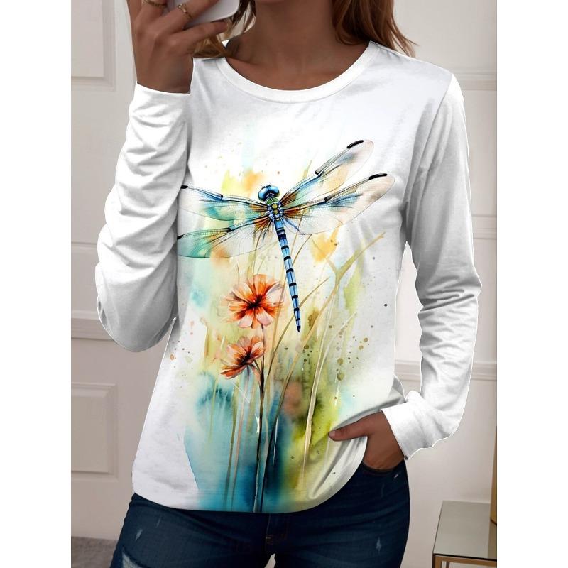 Women's T-Shirts Floral Graphic Butterfly Tees Fashion Stylish Long Sleeve Crew Neck Regular Tops Summer Casual Pullover