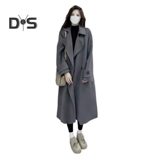 

Женское зимнее пальто с отложным воротником и карманами средней длины, однотонный двубортный кардиган свободного кроя, пальто с длинными рукавами для поездок на работу и свиданий M серый