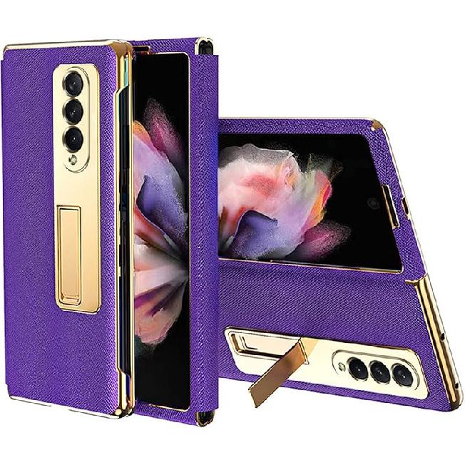 NINKI Luxury Gold Leather Hybrid Plating PC Case for Samsung Galaxy Z Fold3 5G, Shock Proof Protector Case with Stand, Compatible for Galaxy Z Fold3
