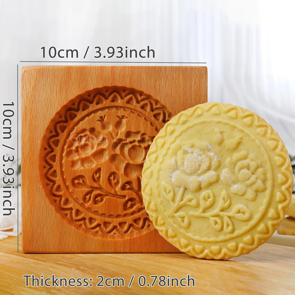 1PC Wood Cookie Molds with Flower Patterns, 3D DIY Carved Embossed Cookie Cutter Moulds for Baking, Fondant Cake Biscuit