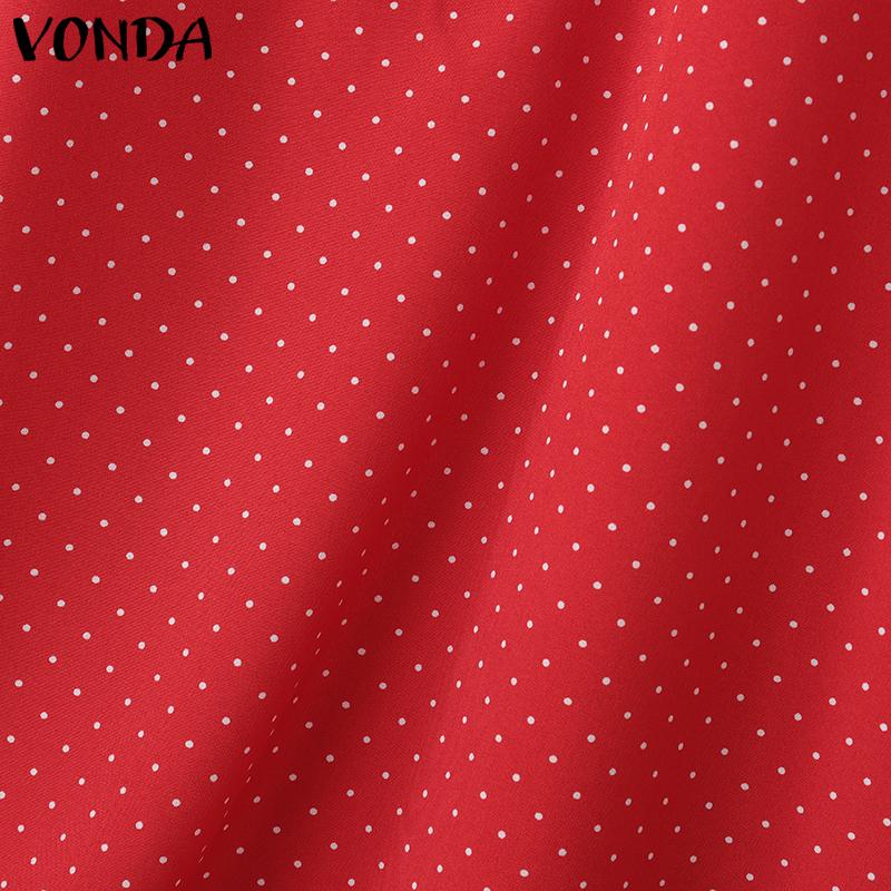 VONDA Summer Women Lace Neck Short Puff Sleeve Ruffled Polka Dots Casual Tops Blouse