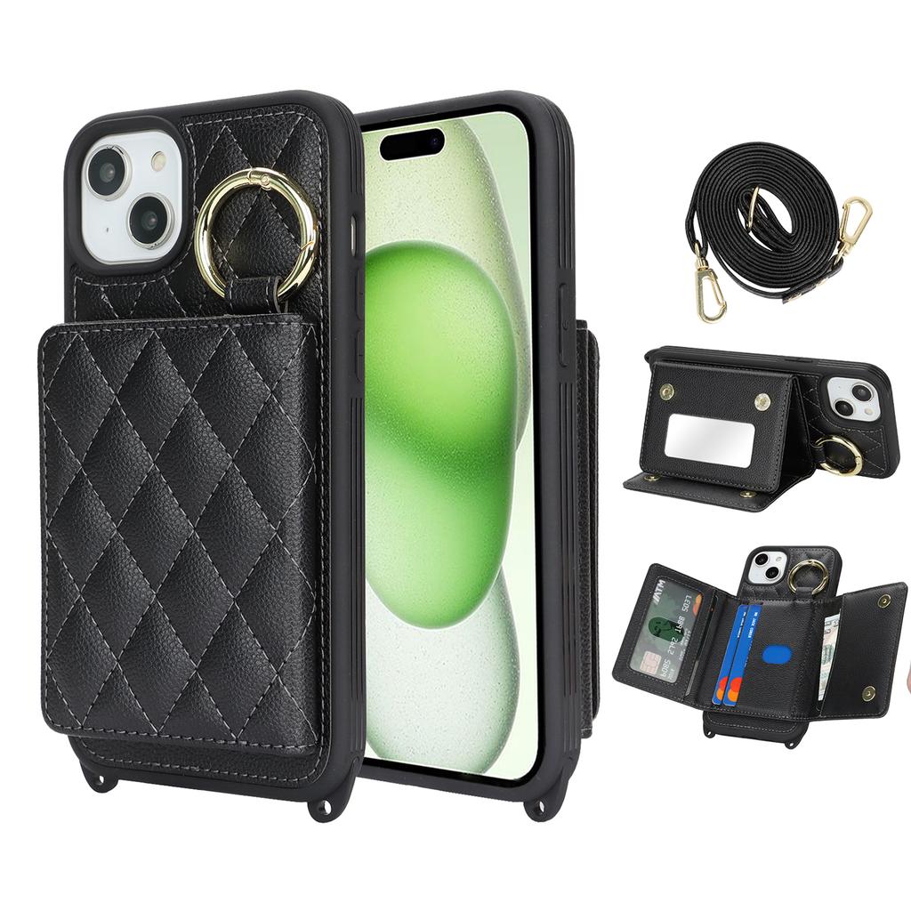 For iPhone 15 Plus/14 Plus Case with Lanyard/Mirror/Card Holder Grids Pattern RFID Blocking Phone Cover