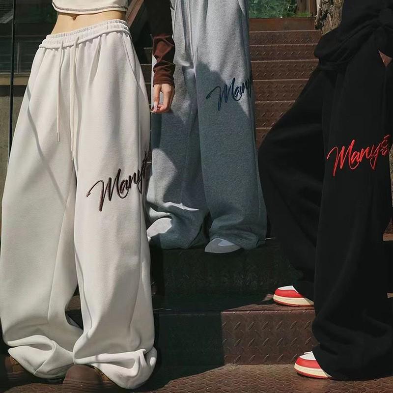 Graue Hip-Hop-Jazzhosen im amerikanischen Stil: Bestickte Herbst-Jogginghosen mit weitem Bein und lockerem Schnitt