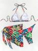 Tropical Print Halter Tie Backless Three Piece Bikini Elegant For Summer Beach Holiday