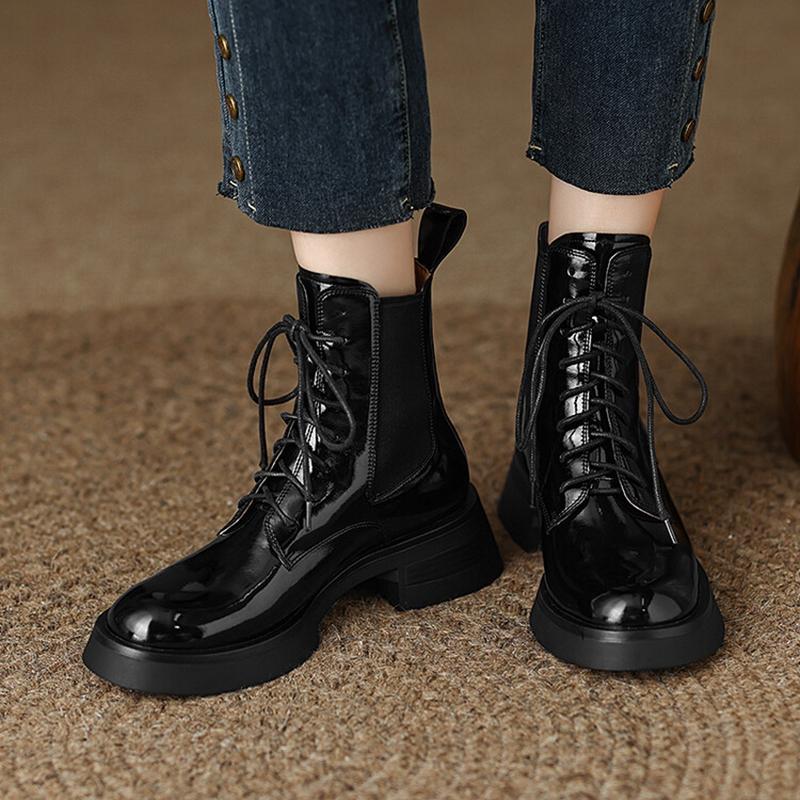 Fashion NEW Fall Shoes Women Patent Leather Boots Round Toe Chunky Heel Women Boots Winter Solid Lace-up Ankle Boots Western Boots Women