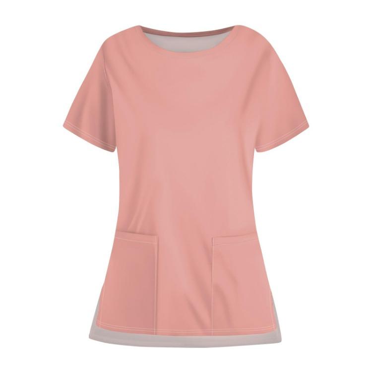 Casual Protective Top Work Uniform Open Hem Pocket Neck Round Solid Color for Women