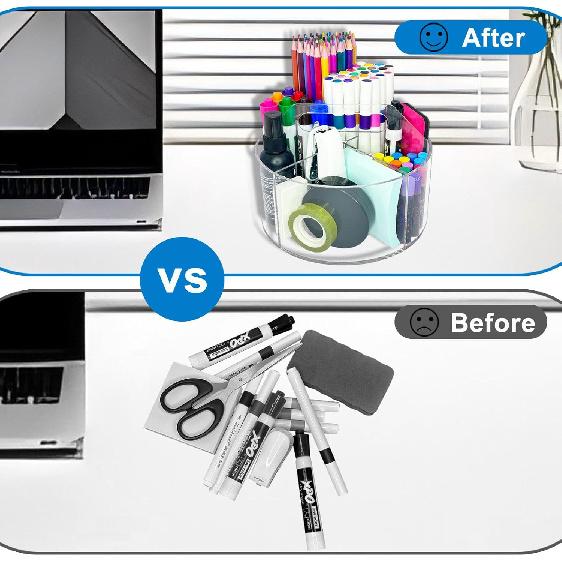 Acrylic Rotating Pen Holder for Desk, 360 Degree Clear Pencil Holder Crayon Organizers for Kids, 6 Compartments Marker Organizer for Office, Art