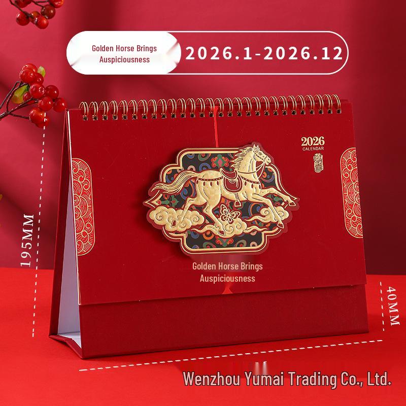 2026 Year of the Horse Desk Calendar with Festive Red Frame, Large Embossed Gold Chinese Style, Monthly Memo, Hot Stamped.