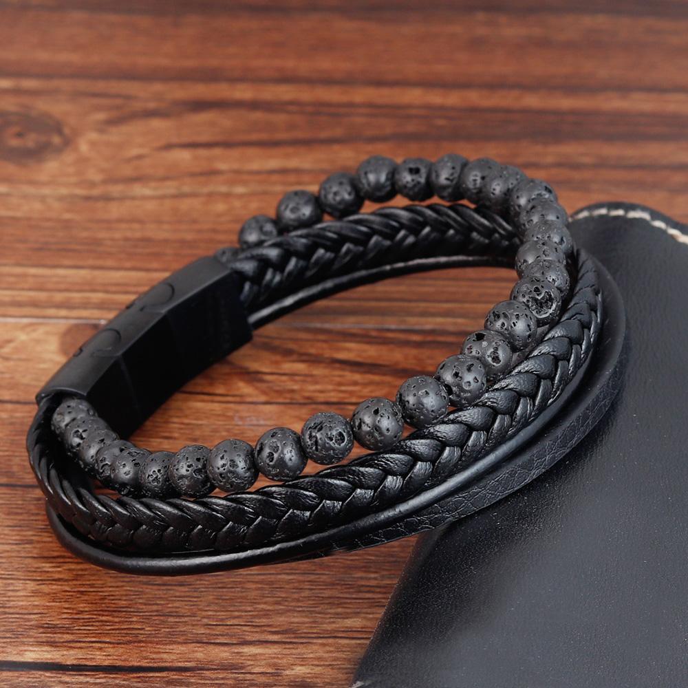 Punk Men Braid Bracelet Multilayer Leather Natural Stone Beaded Bangle Stainless Steel Magnetic Clasp Male Jewelry