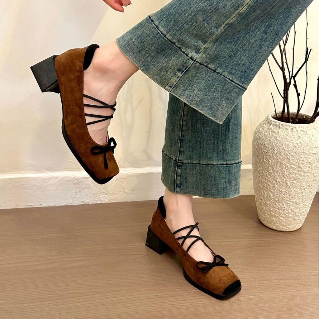 Suding Family, Medieval School, Korean Version of Retro Suede Bow Mary Jane Shoes Women's Spring Versatile Thick Heel Single Shoes