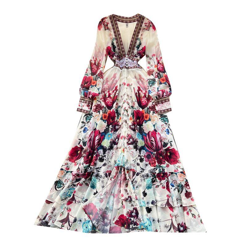 Palace Style Elegant Slim Looking Dress Printed Mesh