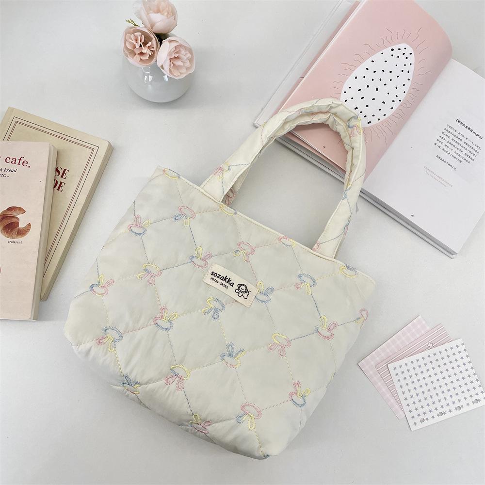 Korean Style Quilted Bow Embroidery Canvas Handbag for Women, 2026 New Design.