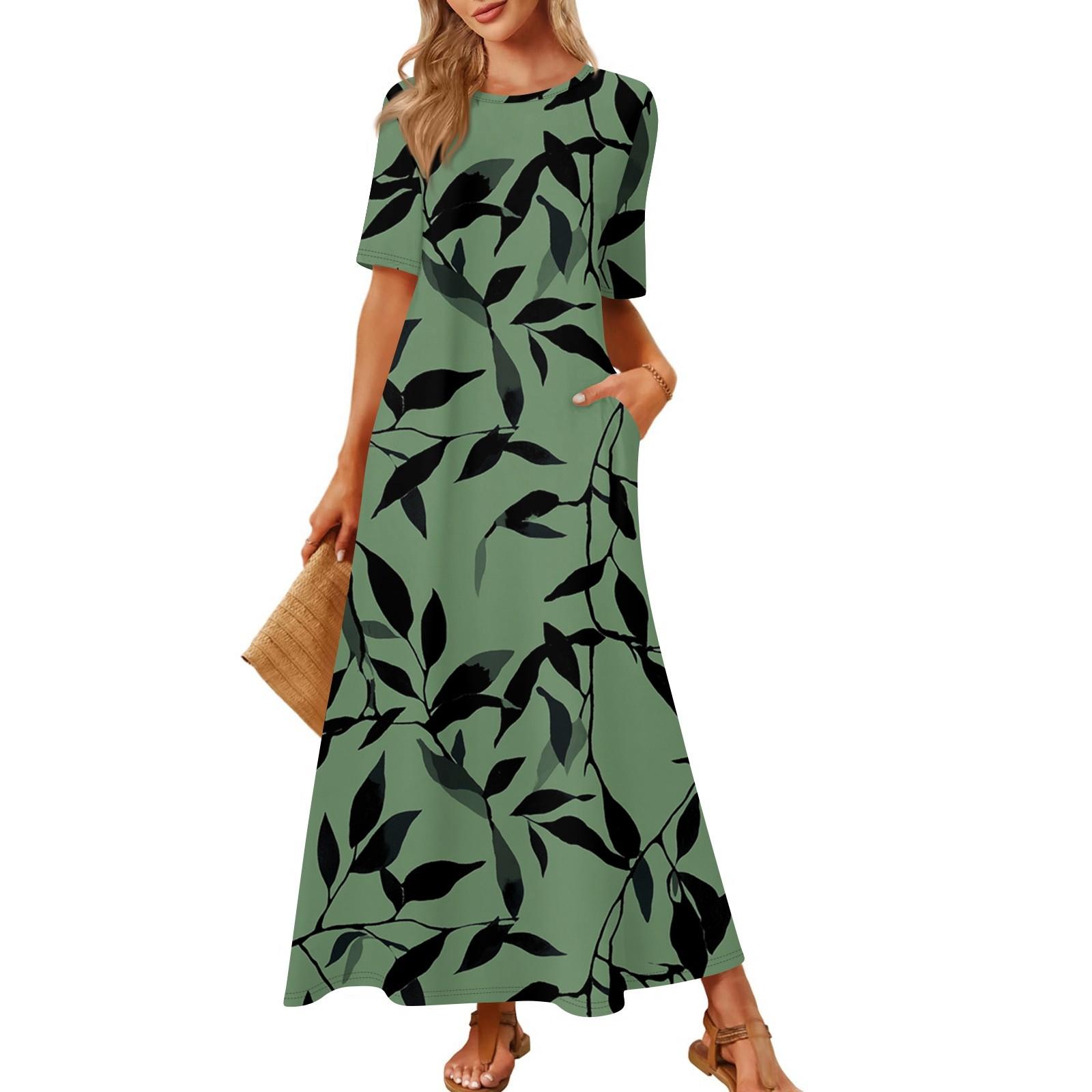 

Женская модная и повседневная длинная пляжная юбка с круглым вырезом и короткими рукавами, свободное платье с принтом в стиле ретро XL