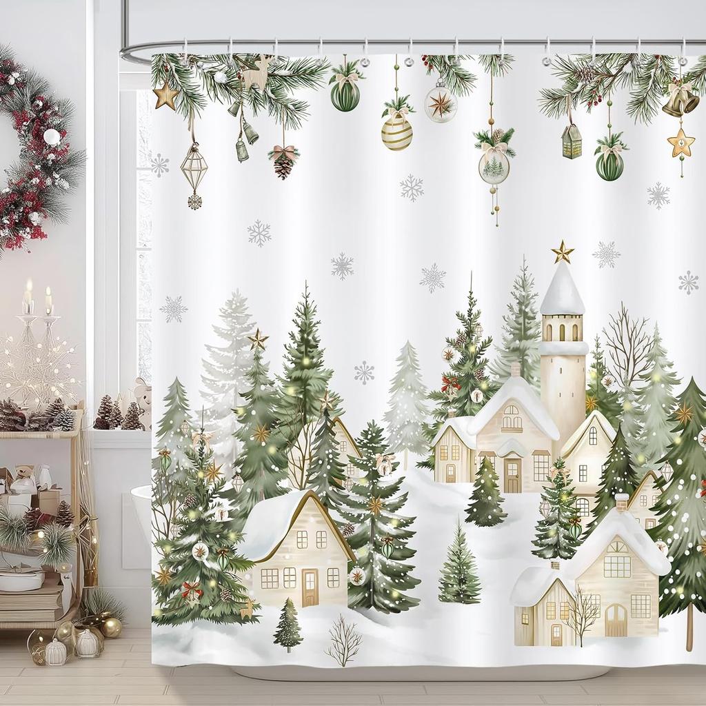 Farmhouse Christmas Shower Curtain, Snowy Xmas Village Cabin Pine Tree Winter Shower Curtain For Bathroom Waterproof Polyester