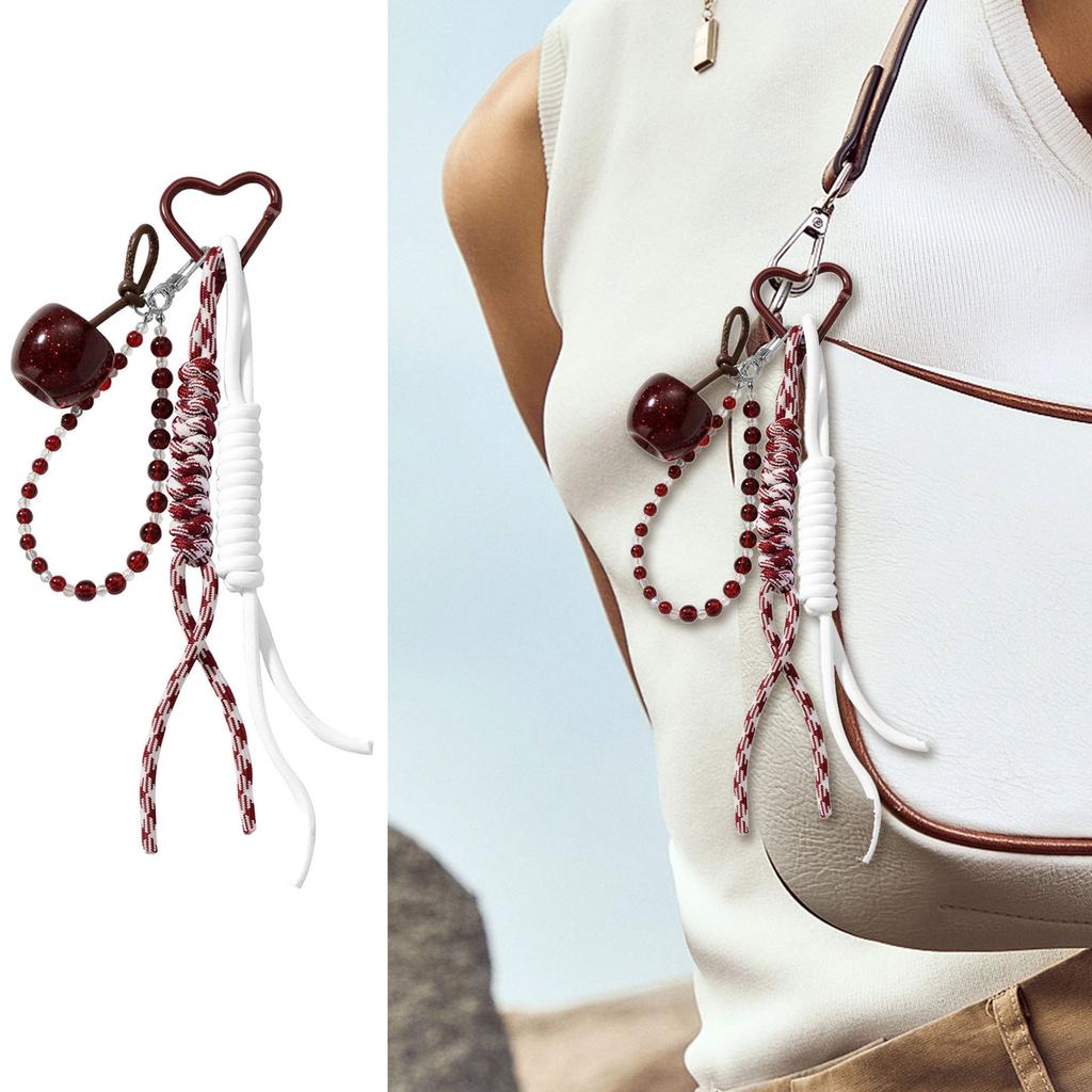 Fashionable Cherry Keychain For Daily Use Soft Braided Rope With Alloy Detail Bead Bag Charm Key Holder Bags Pendant