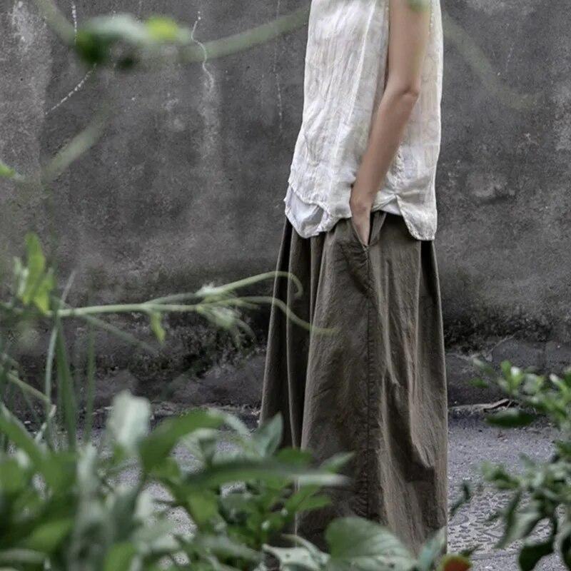 Johnature Women Cotton Vintage Wide Leg Pants Elastic Waist Loose Olive Grey Autumn Trouser Women Casual Soft Pants