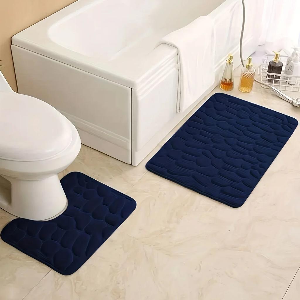 Thickened embossed pebble coral fleece floor mat, bathroom floor mat, toilet U-shaped bathroom absorbent foot mat two-piece set