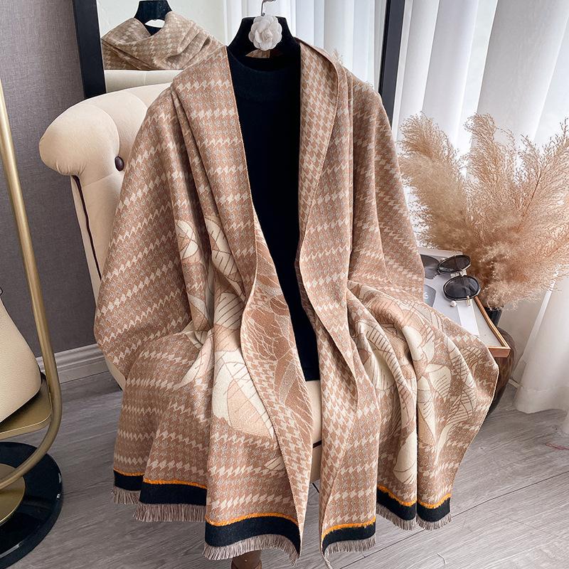 Imitation Cashmere Camellia Thousand Bird Grid Double-Sided Thermal Air Conditioner Shawl Winter Versatile Decorative Scarf