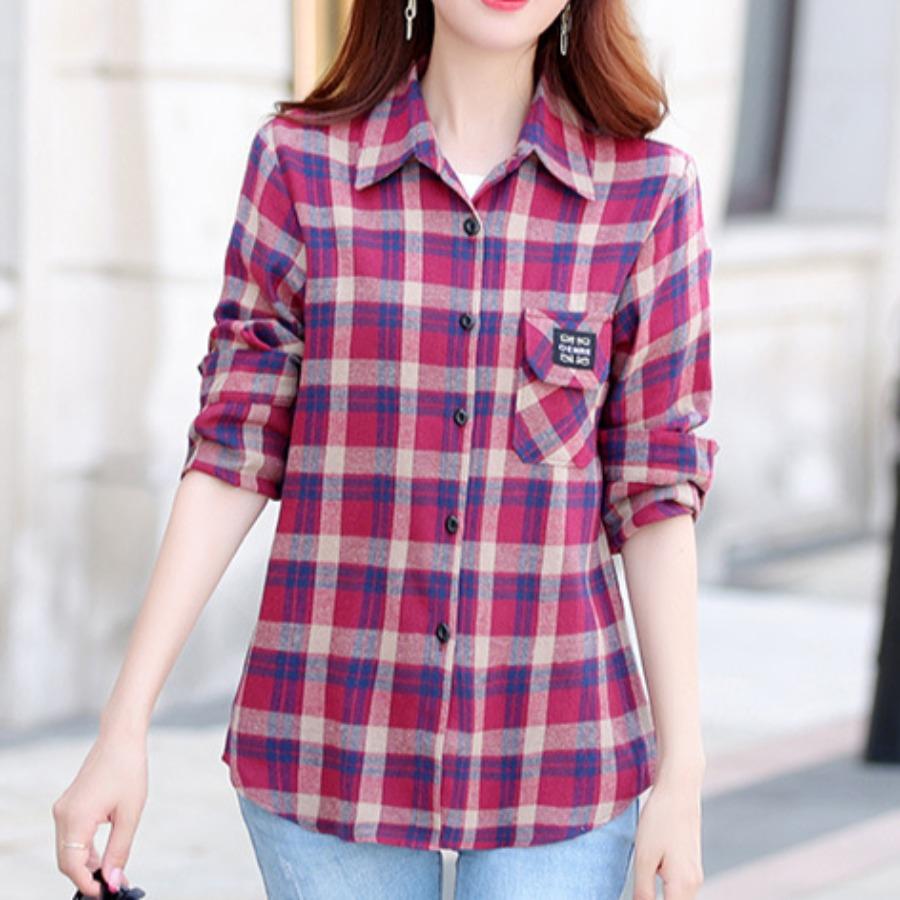 Checkered Long Sleeve Cotton Shirt for Women Fashionable Middle-aged Mother Spring Summer Trendy Casual Shirts Top