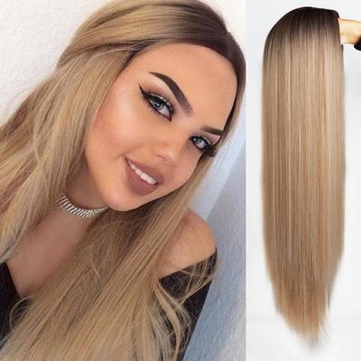 Long Straight Synthetic Wig Light Brown Ombre Wigs for Women Mixed Black and Purple Wig Middle Part Nature Hair