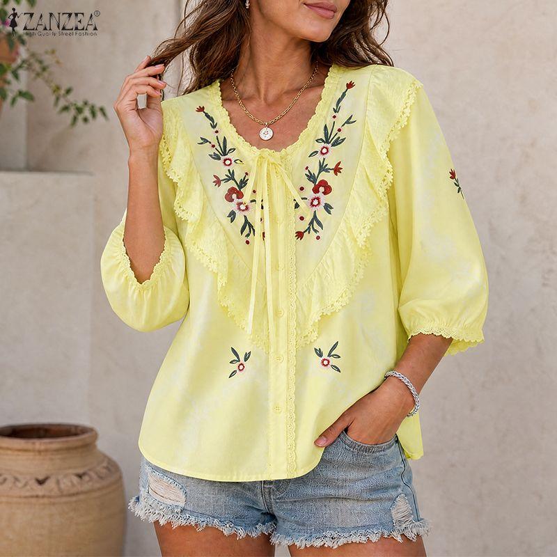 ZANZEA Women Summer Lace Splice V-Neck Floral Print Casual 3/4 Sleeve Blouse