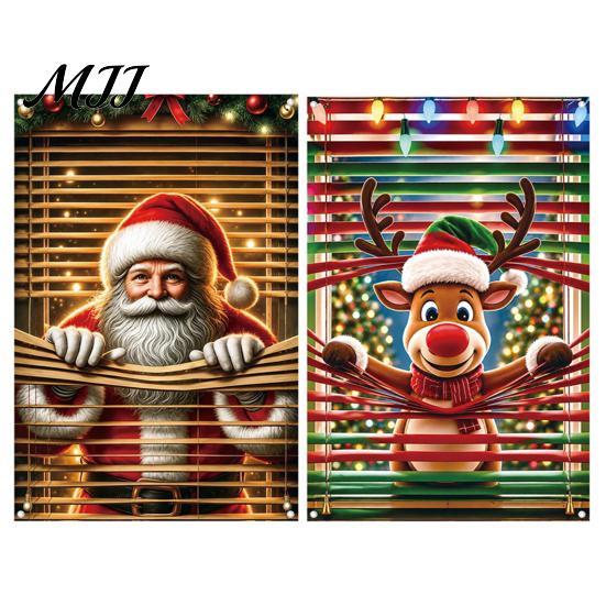 Durable Polyester Window Drapes Christmas Cover Banner with Santa Claus and Elk Patterns, Xmas Blackout Curtains for Peeking Ornament, Wall