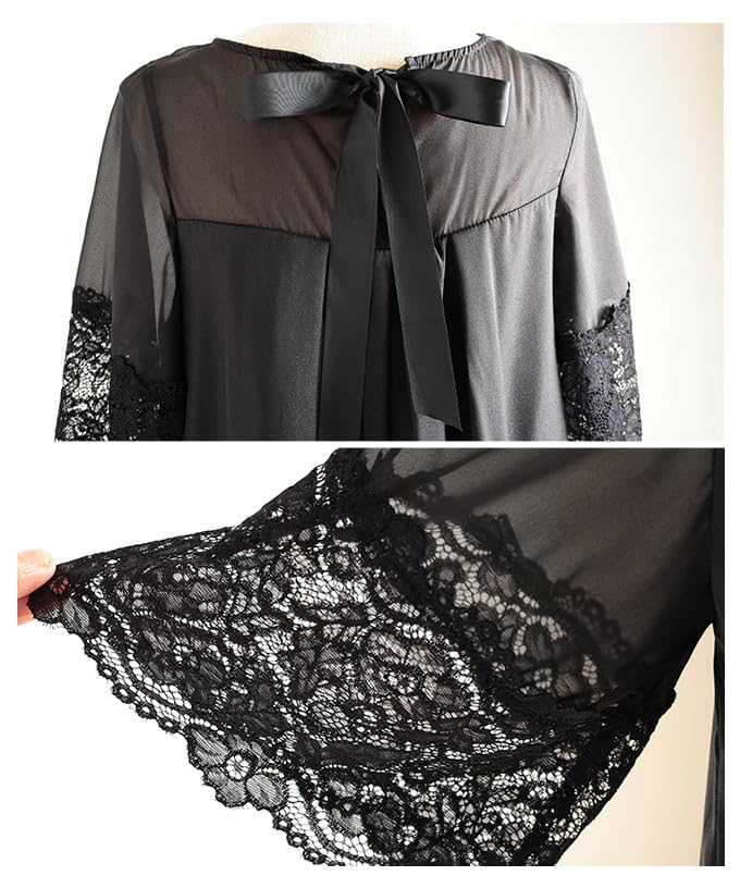 Lace Point Sheer Tunic with Back Ribbon Top Short Sleeve Lace Flared Layered Look Black Free Size Black - Women's - Sleeves, Sleeves, - -