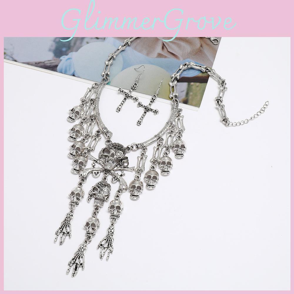 Skull Vintage Geometric Pendant Necklace With Tassel Chain For Gothic Punk Fans