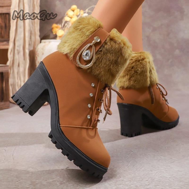 Fashion High Heel Women Platform Snow Boots Fashion Round Toe Side Zipper Short Tube Plush Shoes Crystal Decor Fleece Lined Botas Mujer