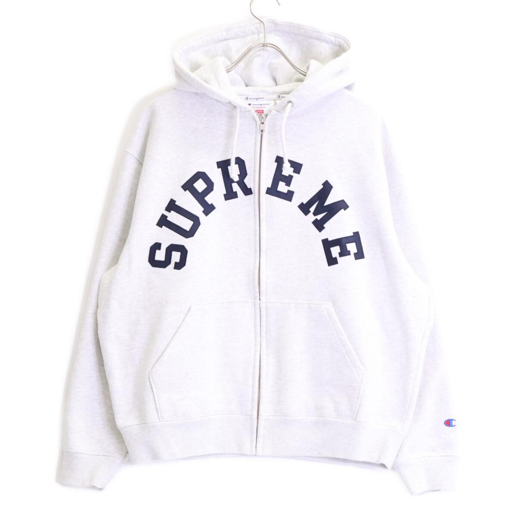 Champion ×Supreme 24 Stainless Steel Ash Gray Navy Logo Zip-Up Hooded Sweatshirt Jacket M Light grayUsed