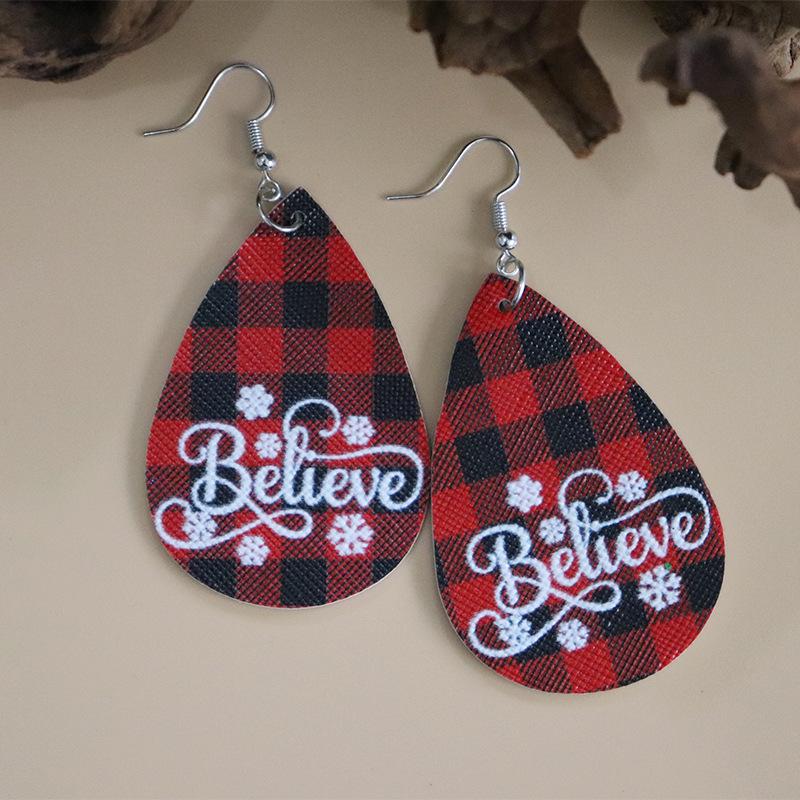 

European & American Christmas Plaid Leather Earrings with Letter Print - Double-Sided PU Design.