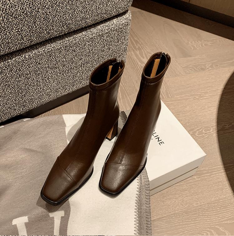 Square Head Splicing Thick Heel And Ankle Boots Temperament High Heel Elastic Short Boots Women'S Versatile Comfortable Soft Skin Thin Boots