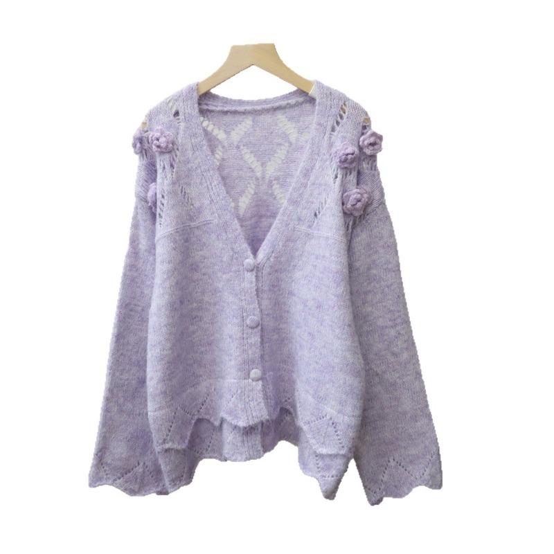 Autumn and Winter New V-neck Three-dimensional Flower Knitted Cardigan Loose Soft Waxy Gentle Wind Sweater Jacket Women