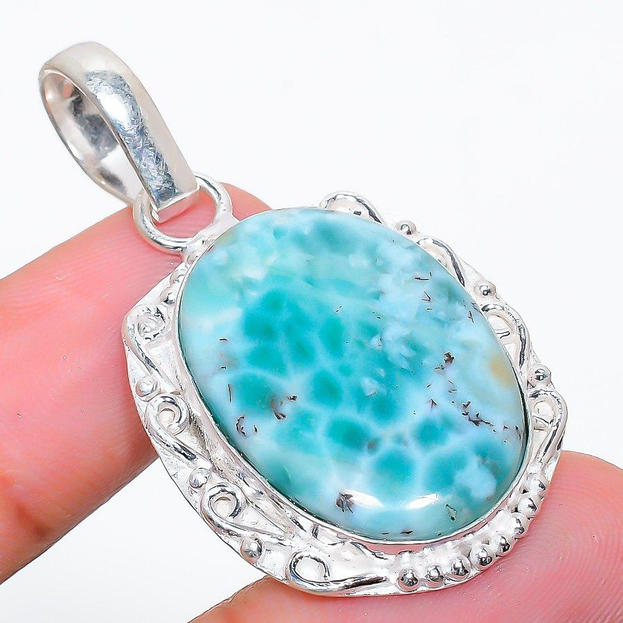 Republic Larimar Gemstone Handmade 925 Sterling Silver Jewelry Pendant 1.85"