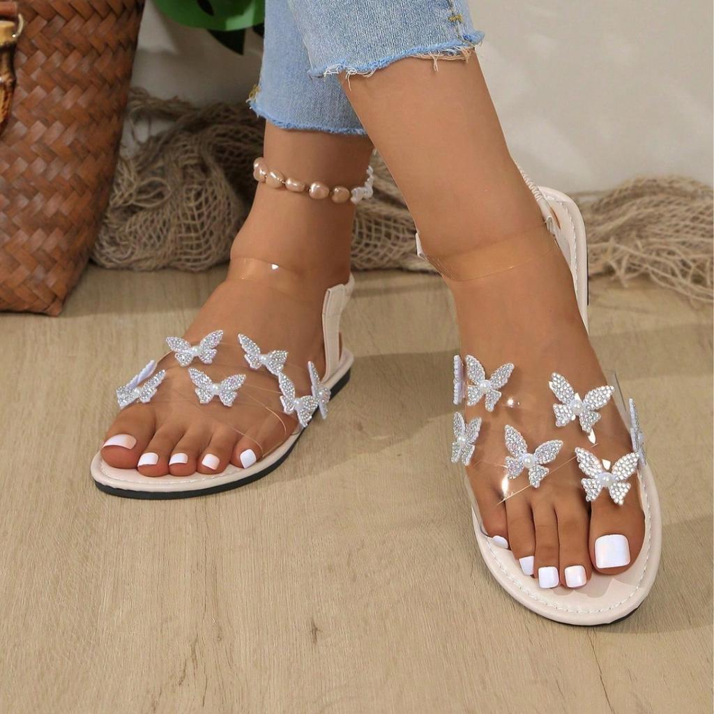 Summer women's round head flat-soled sandals transparent strap rhinestone butterfly flower ankle strap sandals versatile and fresh
