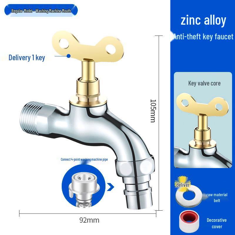 Lockable Anti-theft Outdoor Stainless Steel Water Faucet with Key and Self-Water Switch, Extended Brass Design for Washing Machines