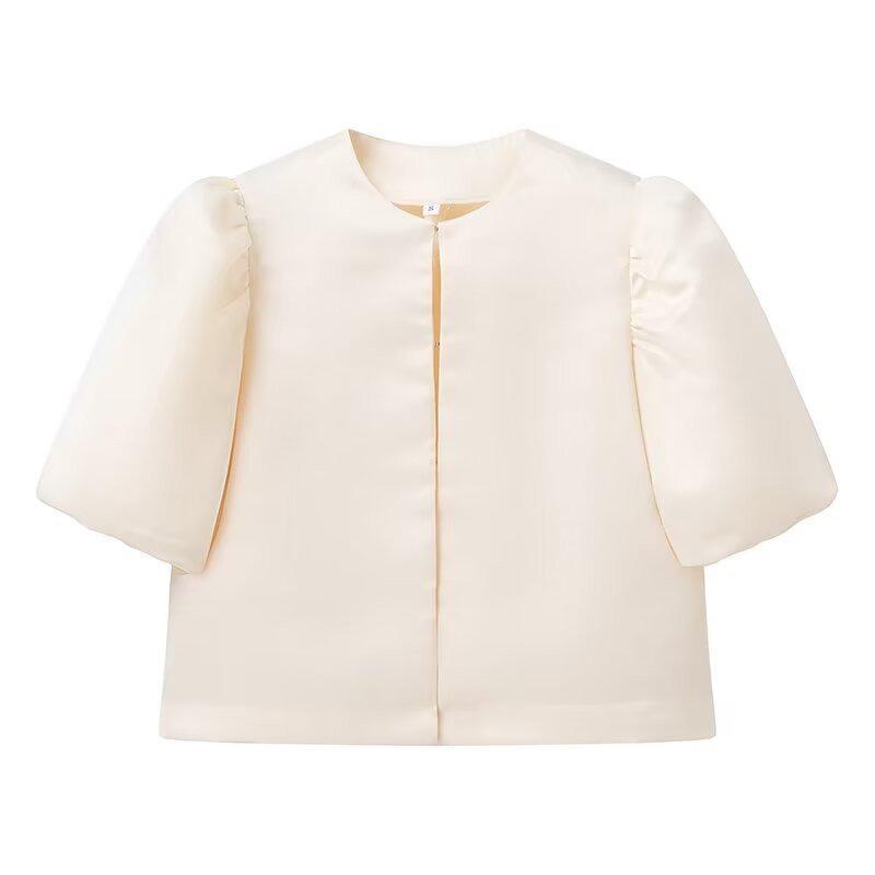 Women's Puff Sleeve Round Neck Top - Elegant Commuting Style, Versatile Five-Point Sleeve Blouse