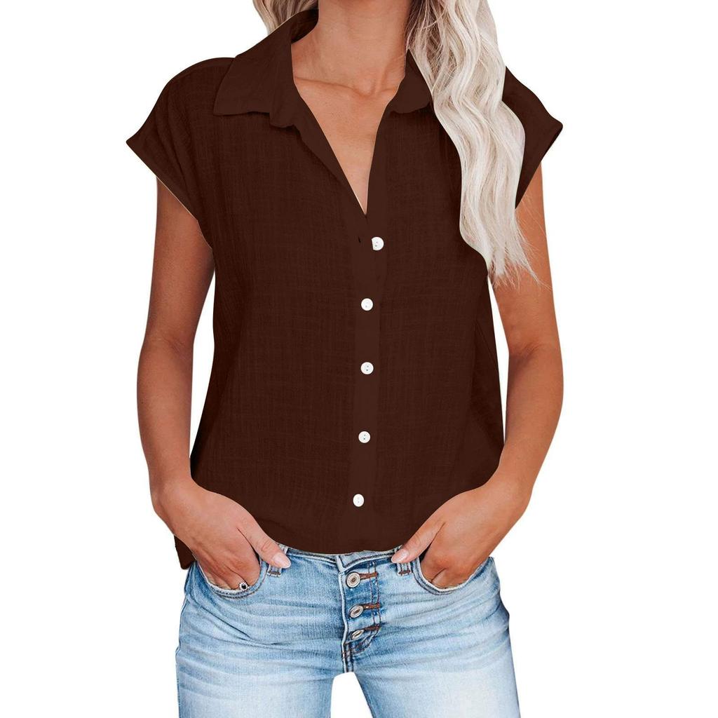Summer Solid Color Single Breasted Shirt Women's Casual Lapel Short Sleeve Blouse Top