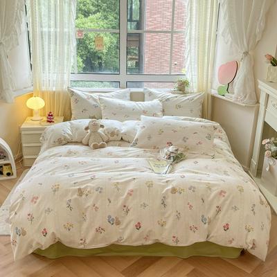 Conjunto de cama estilo princesa de quatro peças, algodão puro, algodão puro, pequeno, fresco, lençol, capa de edredom, dormitório, conjunto de três peças, capa de edredom