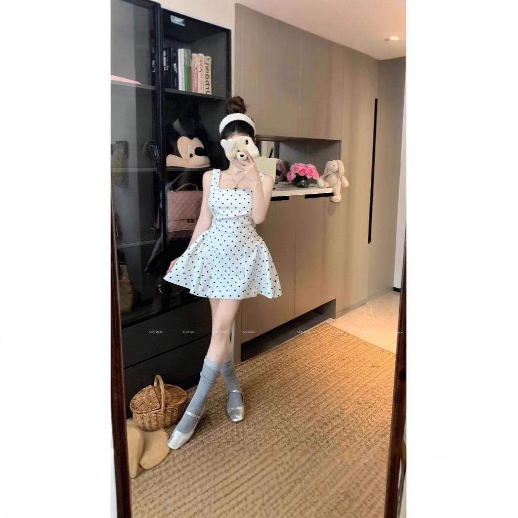 White Polka Dot Strappy Dress: Backless, Waist-Slimming, Puffy Skirt for Women