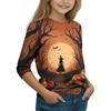 Kids Halloween Printed T-Shirt with Pumpkin Witch Design, 7/8 Sleeve Round Neck Top for Daily Wear